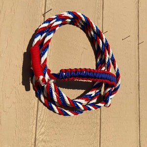 May include: A red, white, and blue braided rope with a blue and white braided handle. The rope is coiled in a circle.