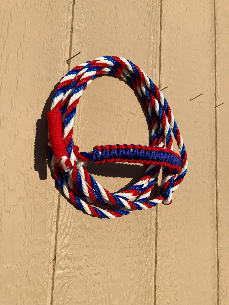 May include: A red, white, and blue braided rope with a blue and white braided handle. The rope is coiled in a circle.
