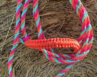A03-cow Rope halter-pink/mint/coral with coral  noseband.