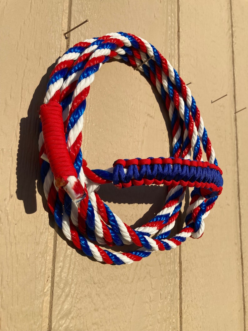 May include: A red, white, and blue braided rope with a blue paracord handle. The rope is coiled and hanging on a wooden wall.