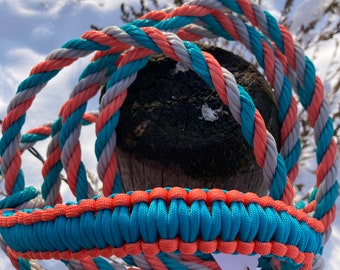 May include: A colorful rope halter in shades of teal, coral, and gray, wrapped around a weathered wooden post. The halter is made of braided rope and features a woven section in teal. The background shows snow and winter vegetation.