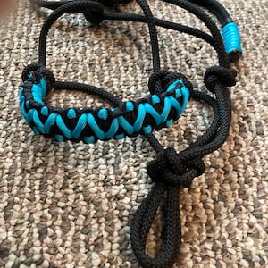 May include: A black rope halter with a turquoise braided noseband. The halter is made of a thick, durable rope and has a simple design.