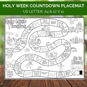 Könnte beinhalten: Schwarz-weiß Holy Week Countdown Tischset mit dem Text "Holy Week Countdown Placemat" und "Holy Week Timeline". Das Tischset hat die Größe US Letter, A4 und 43,18 x 27,94 cm. Das Tischset hat Illustrationen religiöser Szenen.
