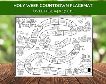 May include: Black and white Holy Week Countdown Placemat with the text "Holy Week Countdown Placemat" and "Holy Week Timeline". The placemat is US Letter size, A4, and 17 x 11 inches. The placemat has illustrations of religious scenes.