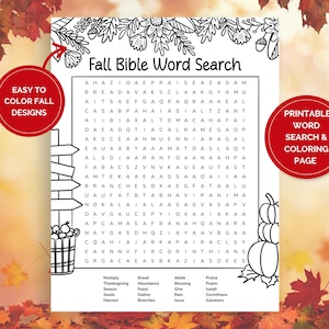 Könnte beinhalten: Schwarz-weiß druckbare "Fall Bible Word Search" Aktivitätsseite. Enthält ein Wortsuchgitter, herbstliche Illustrationen und den Text "Easy to Color Fall Designs" und "Printable Word Search & Coloring Page".
