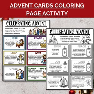 May include: Advent cards coloring page activity. Two Advent coloring pages with the text "Celebrating Advent" and illustrations of biblical scenes, candles, and text. The top banner reads "Advent Cards Coloring Page Activity".