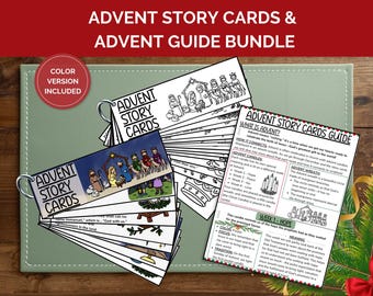 May include: Advent Story Cards & Advent Guide Bundle. The image shows a collection of Advent Story Cards and a guide, with the text "Advent Story Cards" and "Advent Guide Bundle". The cards feature illustrations and text, with a color version included.