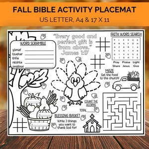Op de afbeelding: Zwart-wit activiteit placemat met de tekst "FALL BIBLE ACTIVITY PLACEMAT" en "US LETTER, A4 & 43,18 x 27,94 cm". Voorzien van een kalkoen, woordzoeker, geloofswoordzoeker, doolhof en een zegenmand. Bevat het bijbelvers Jakobus 1:17.