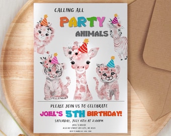Editable Party Animals Birthday Invitation, Safari Wild Animals, Zoo, Boy, Girl, Printable Invite