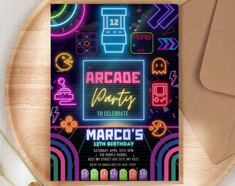 Invitación editable para fiesta de cumpleaños con temática de arcade de neón (descarga digital)