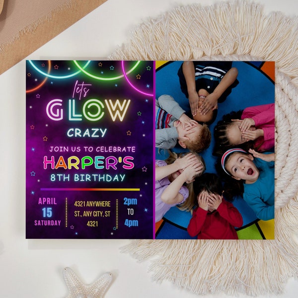 PHOTO Glow Party Birthday Invitation Template with Photo, GIRL, BOY, Neon Party Invite, Neon Lights, Neon Let's Glow Crazy
