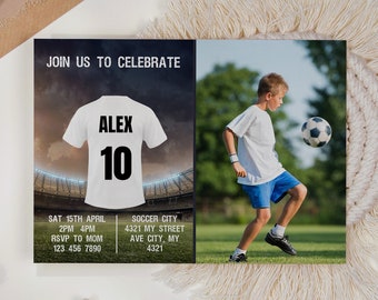 PHOTO Score a Goal with this Soccer Invitation with Photo Card Template - Editable Birthday Invite - Football Party - Canva Editable