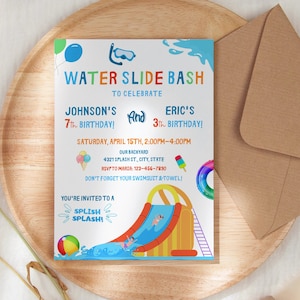 Dive into the Fun with Our Water Slide Birthday Bash Invitation Design, Editable in Canva