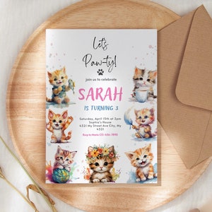 EDITABLE Cat Invitation Cat Birthday Invite Kitty Cat Birthday Party Animal Let's Pawty Are You Kitten Me Right Meow