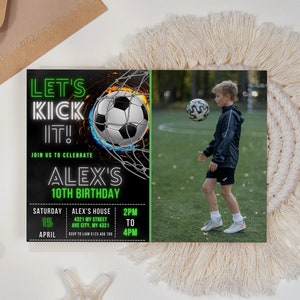 Bearbeitbare Fußball-Geburtstagseinladungskartenvorlage mit FOTO, Fußballparty-Einladungskartenvorlage, Fußball-Geburtstag Evite Bearbeitbar in Canva