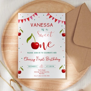 Sweet as Cherry Pie: modelo de convite minimalista de primeiro aniversário editável no Canva