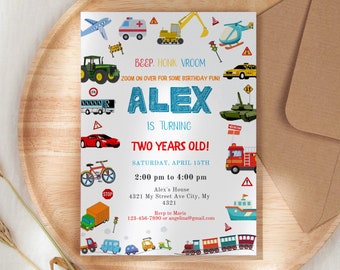 Transportation Birthday Invitation Template: Vehicle Party Evite (Editable in Canva)