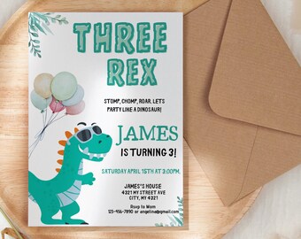 Three Rex Birthday Invitation Boy: Dinosaur Party Evite (Editable in Canva)