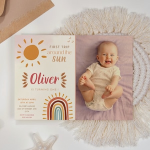 Erste Reise um die Sonne Minimalistische bearbeitbare Geburtstagseinladung mit Foto, Sunshine 1st Birthday Einladung Foto, 1st Birthday
