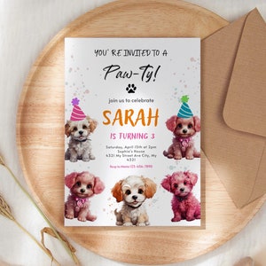Get Ready to Pawty! Editable Dog Birthday Invitation for Girls - Printable Pawty Birthday Invite Template Evite