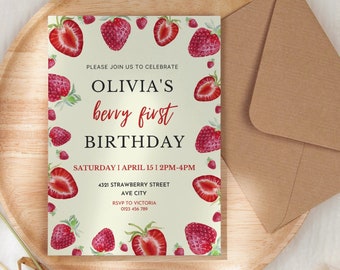 Strawberry First Birthday Invitation Template, Printable Evite