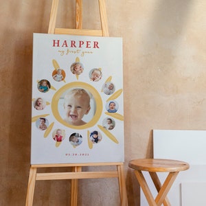 Sun First Year Photo Collage Editable Template, 1st Trip Around the Sun Year Photo Milestone Sign, INSTANT DOWNLOAD, Editable in Canva