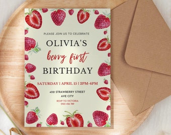 Strawberry First Birthday Invitation: Editable Card Template (Digital Download)