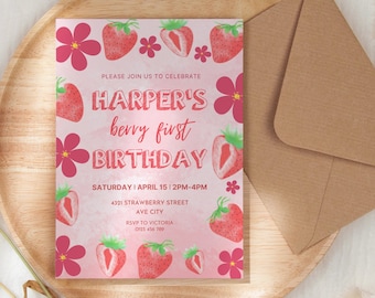 Strawberry First Birthday Invitation Template (Digital)
