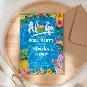 EDITABLE Aloha Pool Party Invitation, Hawaiian Birthday Invite, Tropical Birthday Pool Party Luau Birthday Invite Instant Download