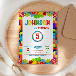 Building Blocks Birthday Invitation Card Template, Building Bricks Kids Birthday Party Invite, Printable Digital Template, Editable in Canva