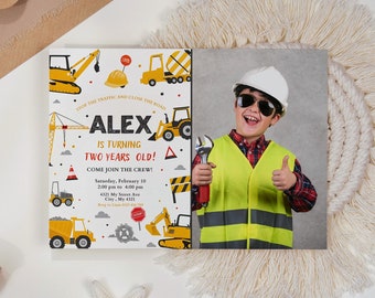 May include: Construction themed birthday invitation with a photo of a boy wearing a hard hat and safety vest. The invitation says "Alex is turning two years old!" and includes details about the party.