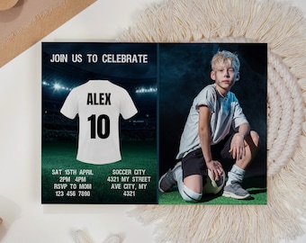 PHOTO Soccer Birthday Invitation with Photo Card Template, Football Invitation Soccer Invitation Card Template, Editable in Canva