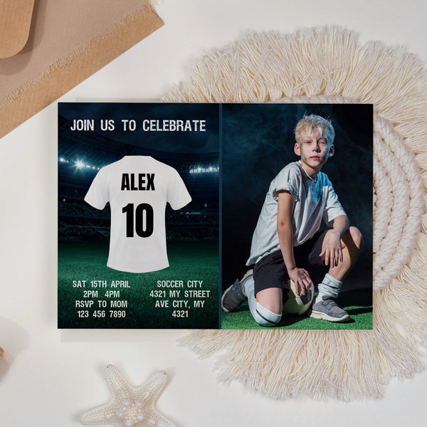 PHOTO Soccer Birthday Invitation with Photo Card Template, Football Invitation Soccer Invitation Card Template, Editable in Canva