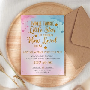 Convite de revelação de gênero Twinkle Twinkle Little Star - Tema dourado da lua e das estrelas - Convite para festa de chá de bebê - Ele ou ela, menino ou menina