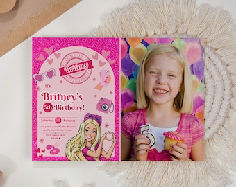 PHOTO Princess Themed Pink Sparkle Birthday Invitation with Photo - Birthday Invitation for Girl - Doll Template: Printable Card for a Royal