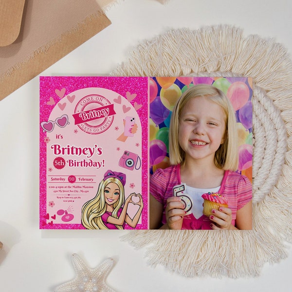 PHOTO Princess Themed Pink Sparkle Birthday Invitation with Photo - Birthday Invitation for Girl - Doll Template: Printable Card for a Royal