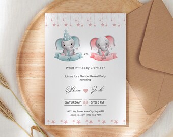 Elephant Theme Gender Reveal Invitation - Bohemian Style - He or She, Boy or Girl Announcement
