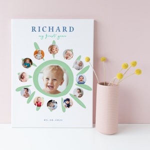 Sun First Year Photo Collage Editable Template, 1st Trip Around the Sun Year Photo Milestone Sign, INSTANT DOWNLOAD, Editable in Canva