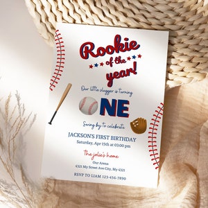 Editable First Baseball Birthday Invitation Template, Rookie of the Year Birthday Evite, Baseball Birthday Invitation Evite, Canva