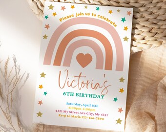 Boho Rainbow Party Invitation Template Girl Rainbow Birthday Evite - Download & Edit in Canva!
