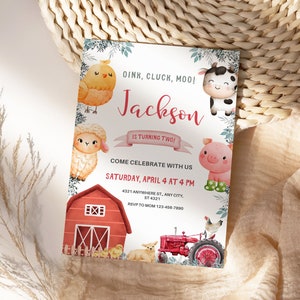 EDITABLE Farm Birthday Invitation Barn Animals Party Invite Template Ranch Kids Birthday Floral Barnyard Animals Instant Download CANVA