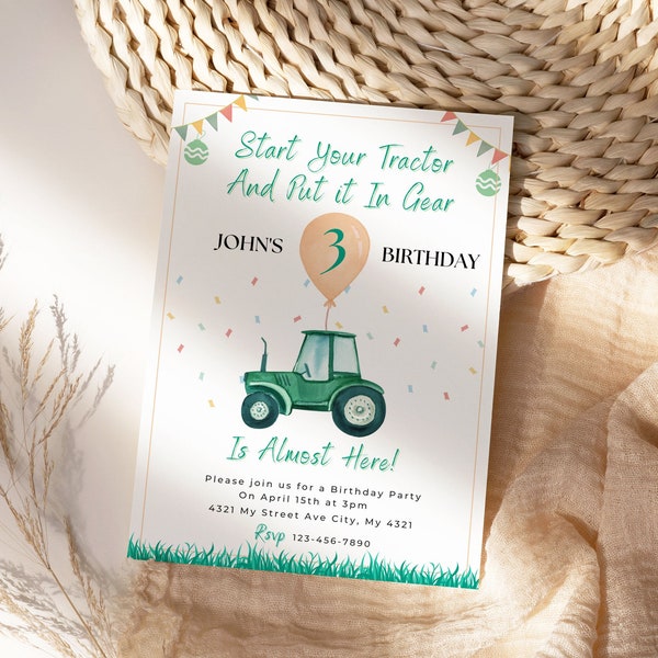 Minimalist Editable Tractor Birthday Invitation Card Template, Green Tractor Invitation Card, Farm Invitation Template, Editable in Canva