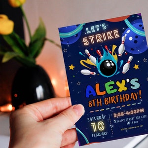 Blue Bowling Invitation for Boys | Editable Kids Party Template | Instant Fun Bowling Party Download