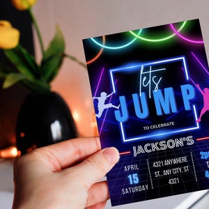 Jump Birthday Party Invite, Trampolin Einladung, Hüpfburg Einladung, editierbar in Canva