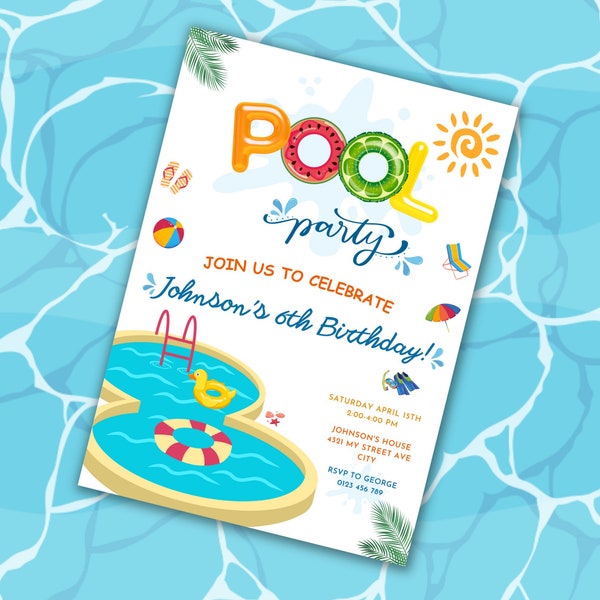 Editable Pool Party Invitation Card Template ANY AGE Pool Party Birthday Invitation Tropical Splish Splash Pool Float Boy Instant Download