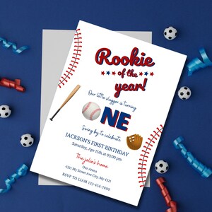 Editable First Baseball Birthday Invitation Template, Rookie of the Year Birthday Evite, Baseball Birthday Invitation Evite, Canva