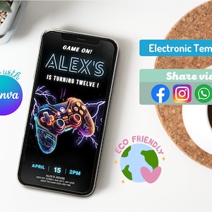 Video Game Birthday Digital Invitation, Printable Gamer Birthday Party Evite, Gaming Party Birthday Invitation by Text, Editable in Canva