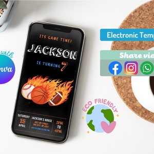 EDITIERBARE Fußball-Digitale Einladung zum Geburtstag, Fußball-Party-Einladung, Fußball-Geburtstags-Party-Einladung per Text, bearbeitbar in Canva
