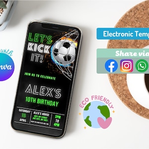 Invitation numérique d'anniversaire de football modifiable, Invitation électronique d'anniversaire de football par texte, Eviter la fête de football, téléchargement immédiat