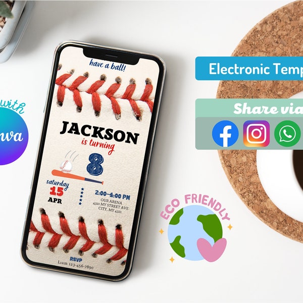 Editable Baseball Birthday Digital Invitation Template Instant Download Printable Baseball Birthday Evite with Text Editable in Canva
